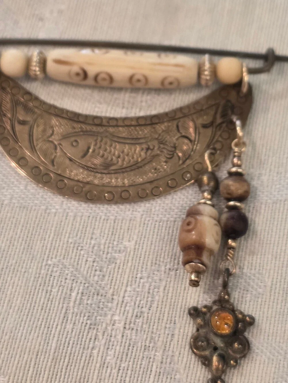 Vintage Hmong Miao Engraved Curved Brass Plate -Safety-Pin Style Brooch